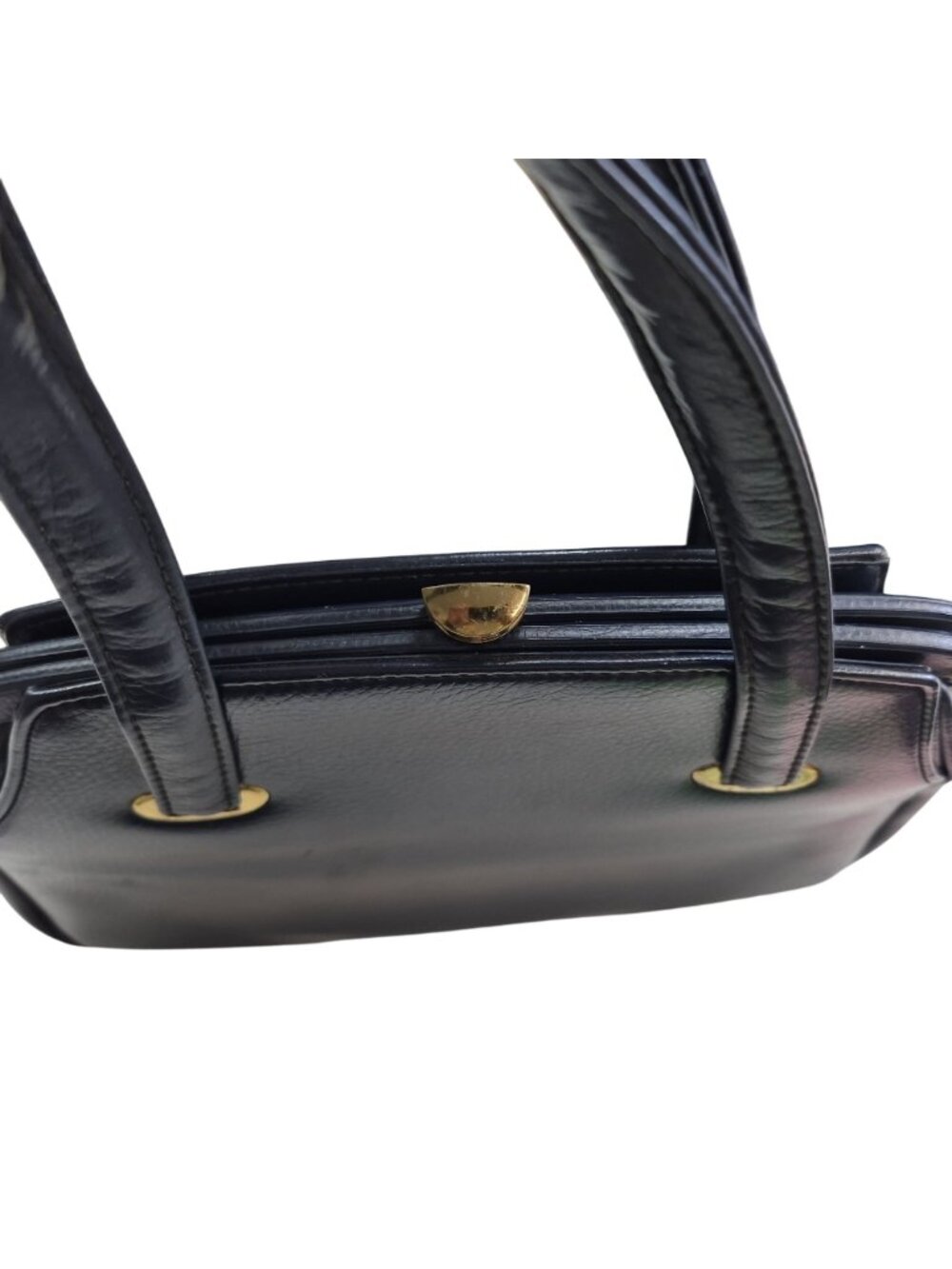 Vintage Navy Blue Leather Handbag Gold Hardware Top Handles & Beige Interior - Picture 6 of 16